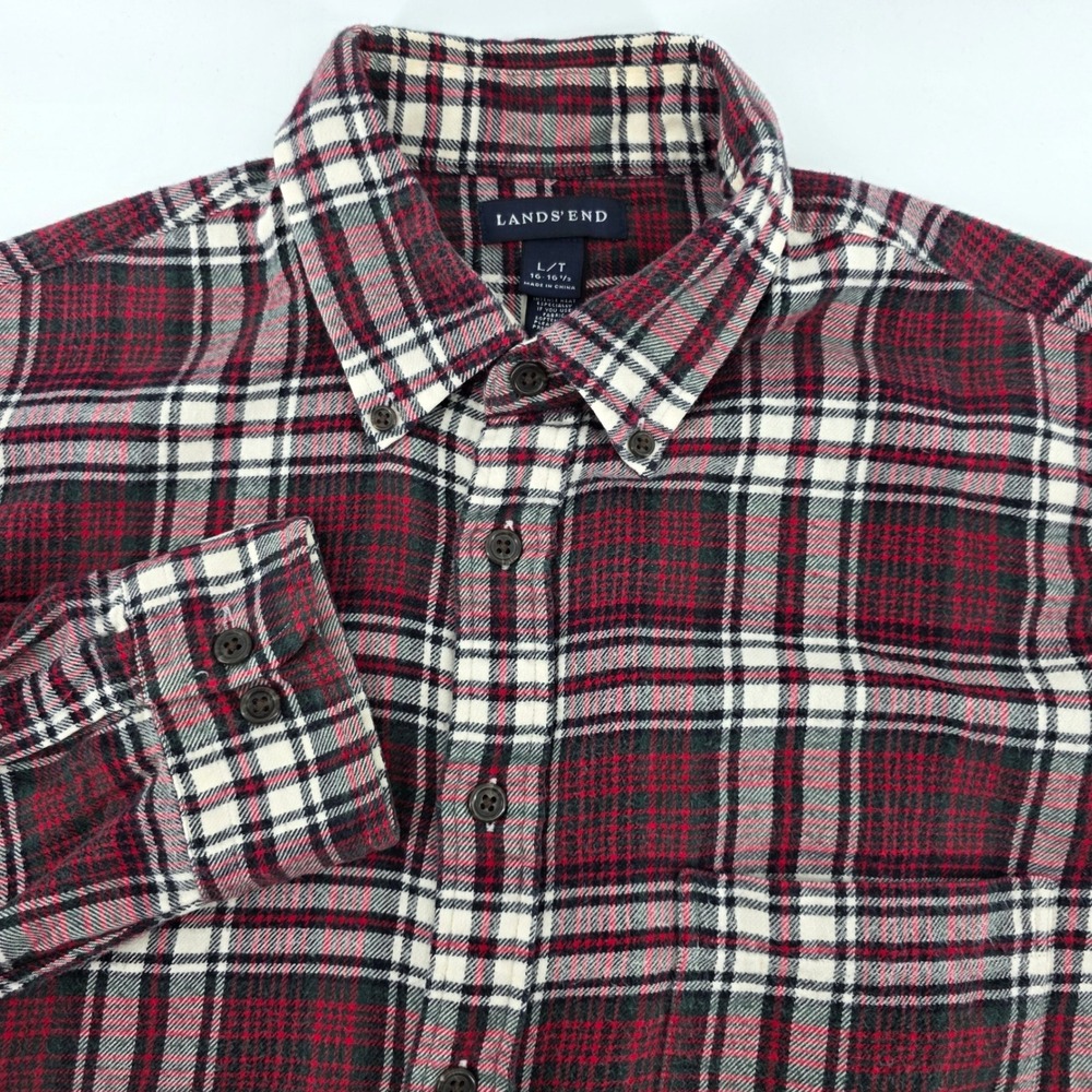 Lands End Mens Large Tall Flannel Shirt Red Black White Plaid Button Down L/T